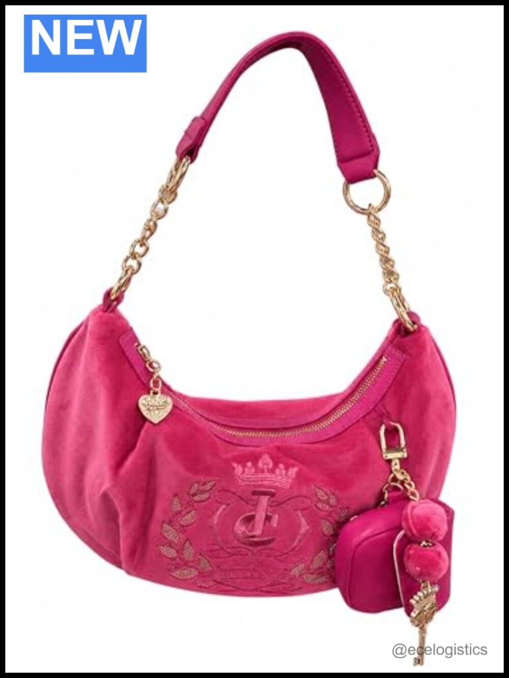 Velour Hobo Shoulder Bag with Coin Pouch Charm & Keychain, Faux Leather Trim,